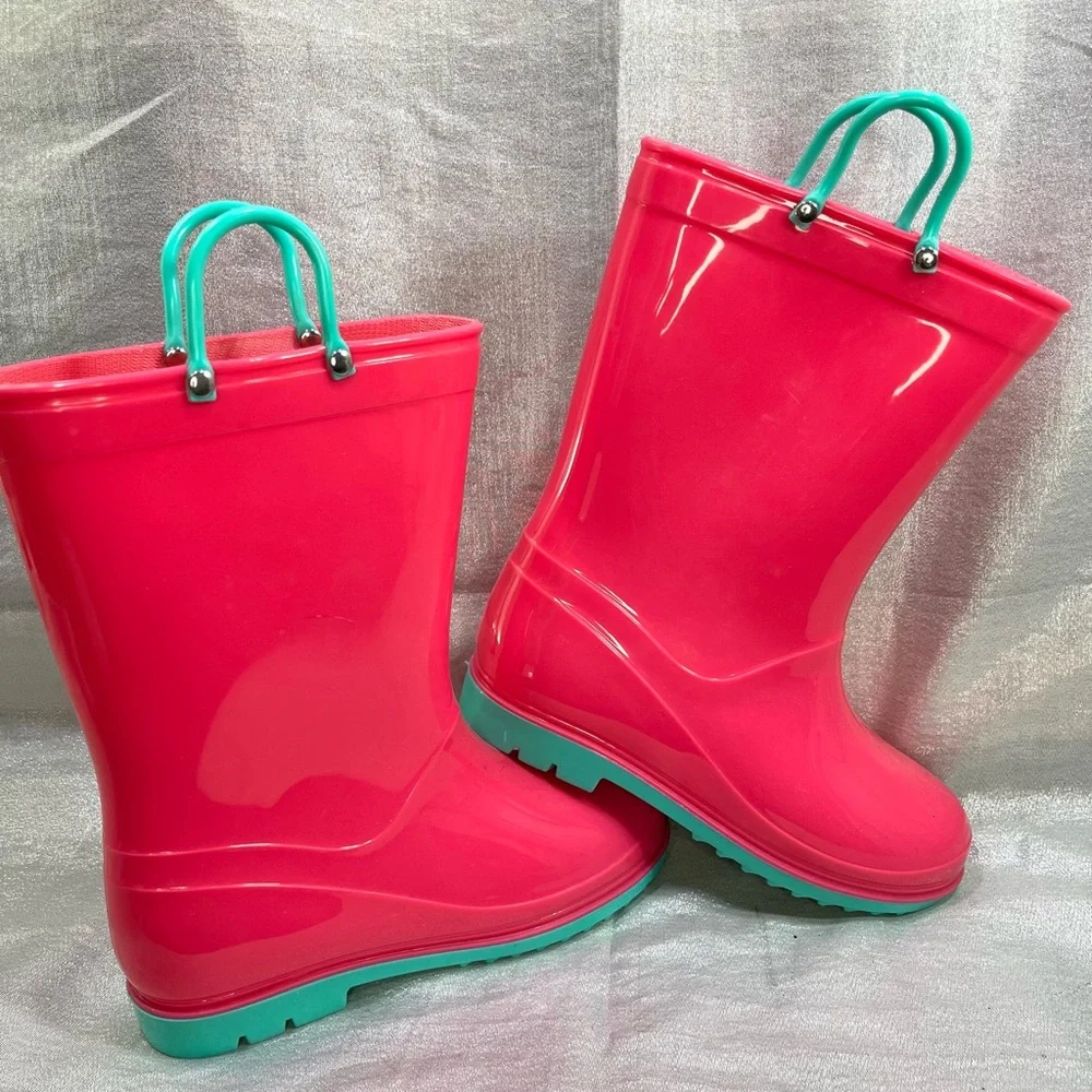 Girls Vibrant Pink Rain Boots with Teal Accents Size Little Kid 3 (EU34)